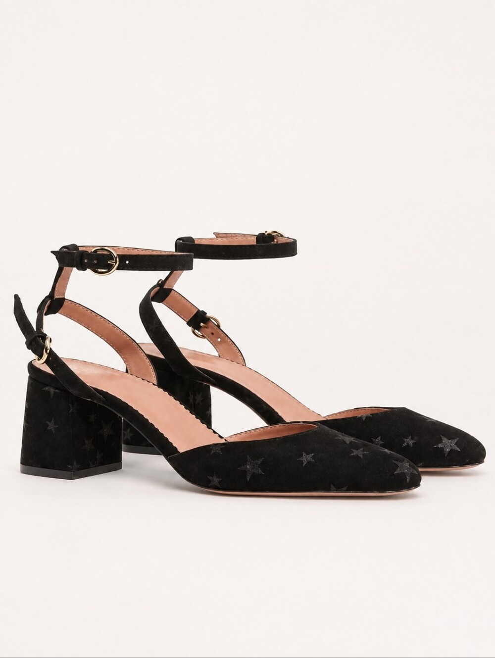 RED VALENTINO | Black Suede Star Print Block Heel Ankle Strap Pumps EU 36 US 6